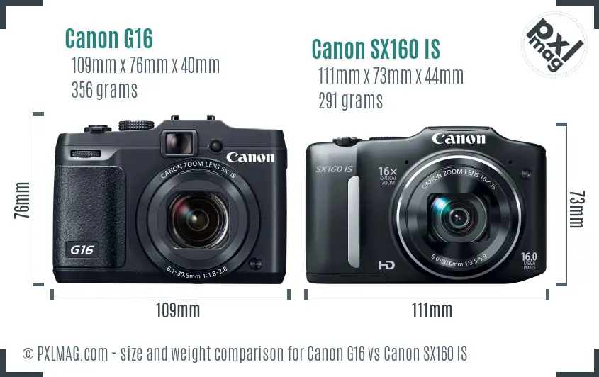 Canon G16 vs Canon SX160 IS size comparison