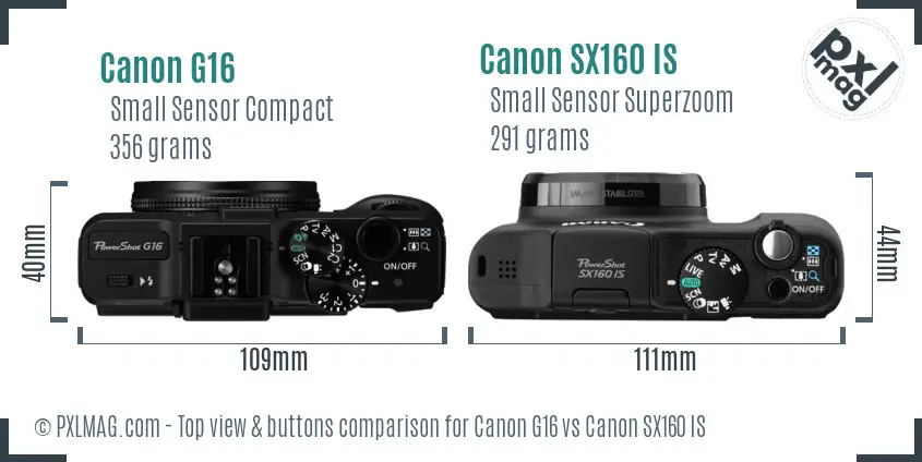 Canon G16 vs Canon SX160 IS top view buttons comparison