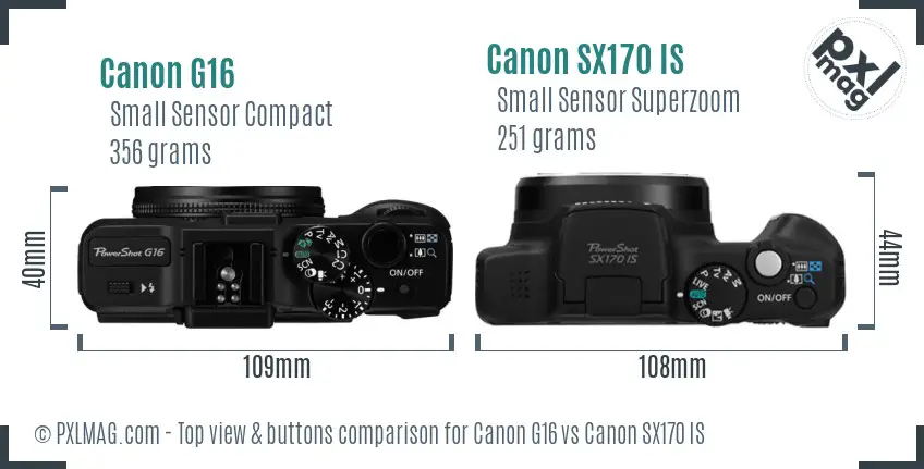 Canon G16 vs Canon SX170 IS top view buttons comparison