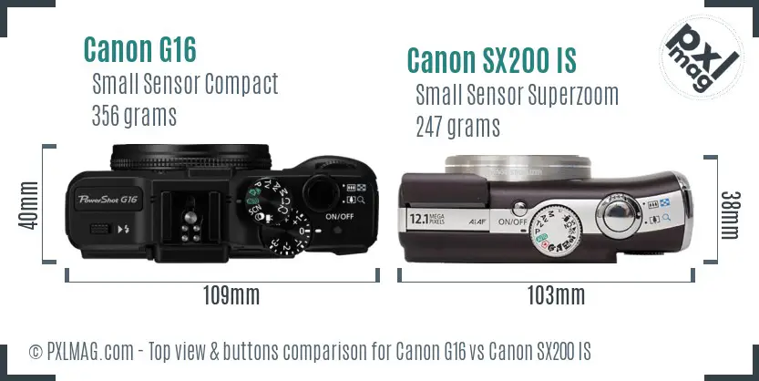 Canon G16 vs Canon SX200 IS top view buttons comparison