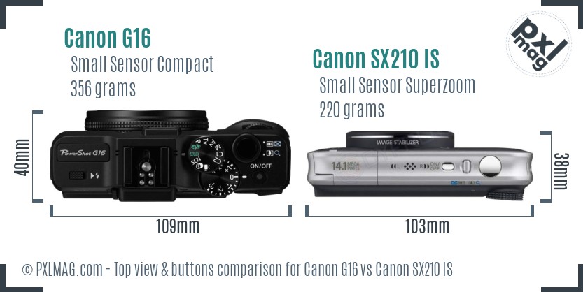 Canon G16 vs Canon SX210 IS top view buttons comparison