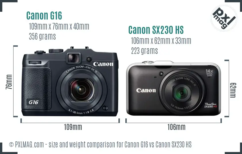 Canon G16 vs Canon SX230 HS size comparison Canon G16 vs Canon SX230 HS size comparison