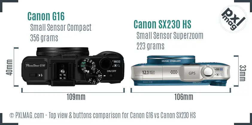 Canon G16 vs Canon SX230 HS top view buttons comparison Canon G16 vs Canon SX230 HS top view buttons comparison