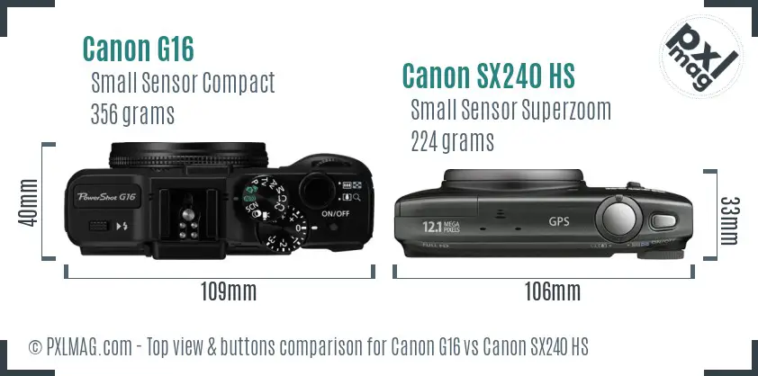 Canon G16 vs Canon SX240 HS top view buttons comparison Canon G16 vs Canon SX240 HS top view buttons comparison