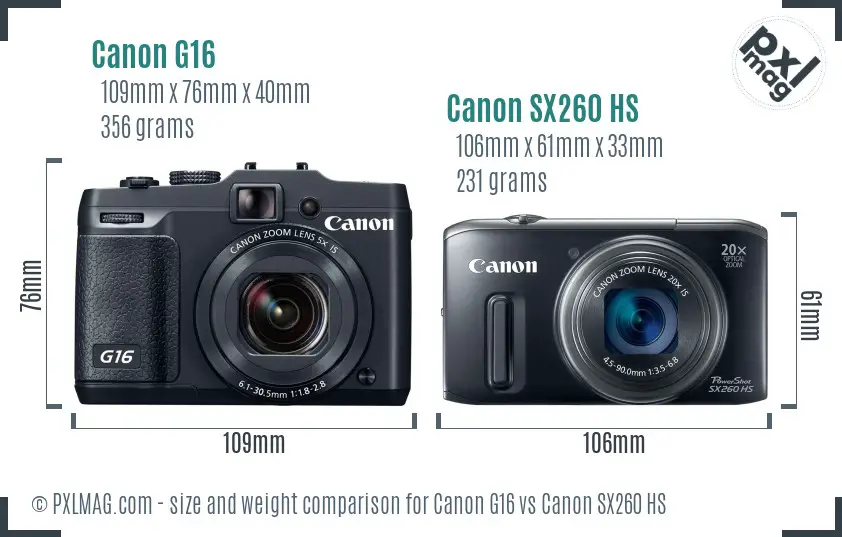 Canon G16 vs Canon SX260 HS size comparison