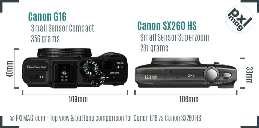 Canon G16 vs Canon SX260 HS top view buttons comparison