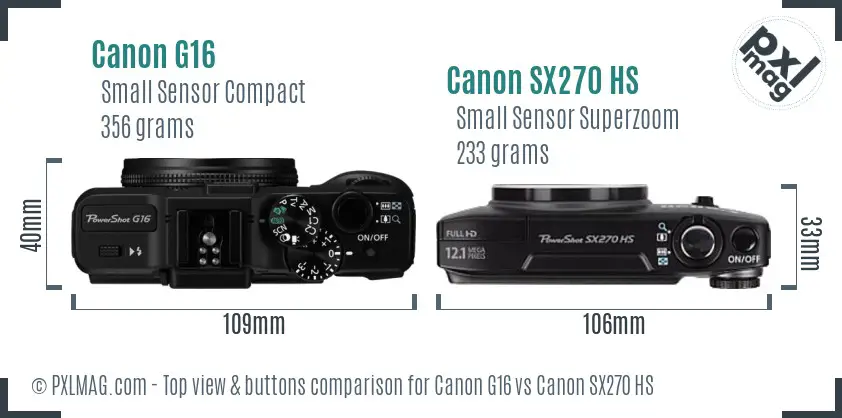 Canon G16 vs Canon SX270 HS top view buttons comparison