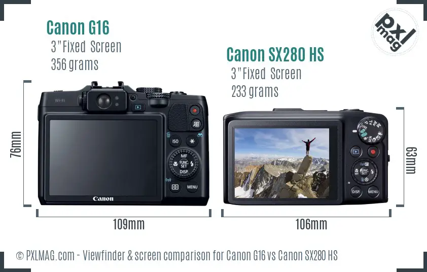 Canon G16 vs Canon SX280 HS Screen and Viewfinder comparison