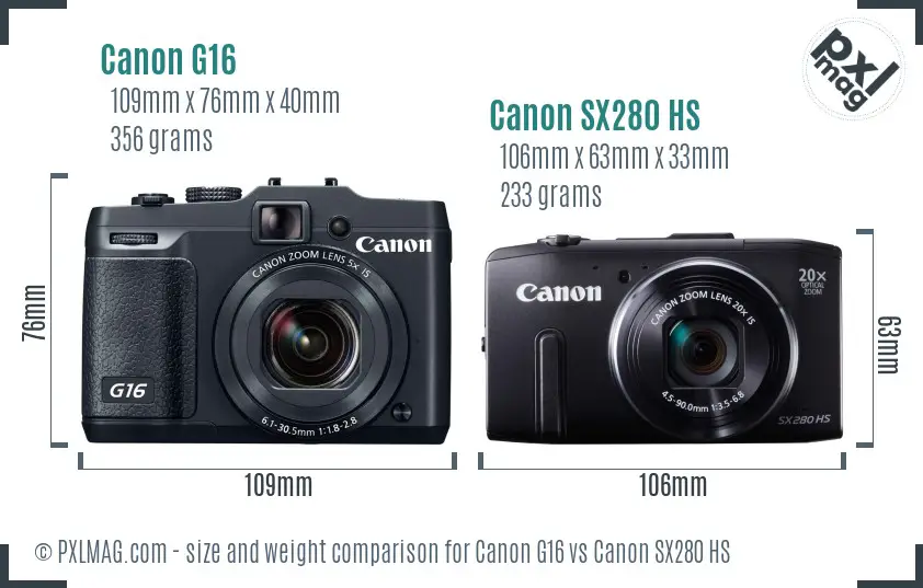 Canon G16 vs Canon SX280 HS size comparison