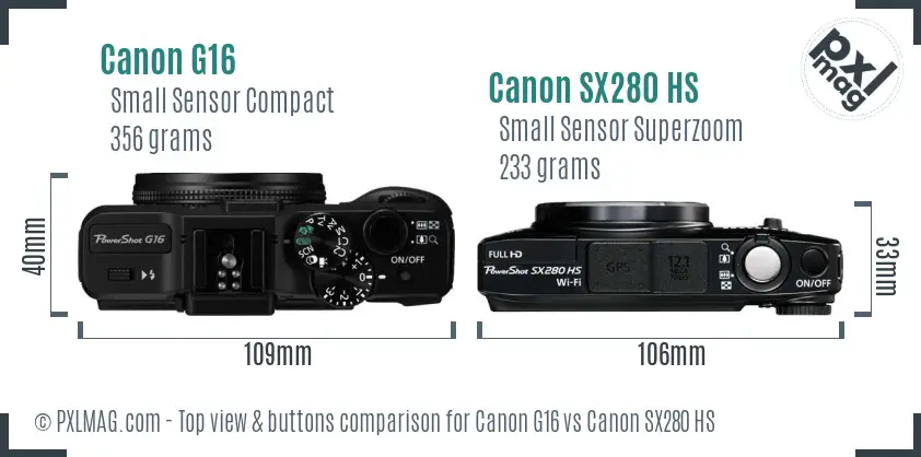 Canon G16 vs Canon SX280 HS top view buttons comparison