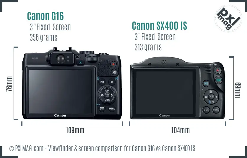 Canon G16 vs Canon SX400 IS Screen and Viewfinder comparison
