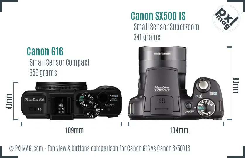 Canon G16 vs Canon SX500 IS top view buttons comparison