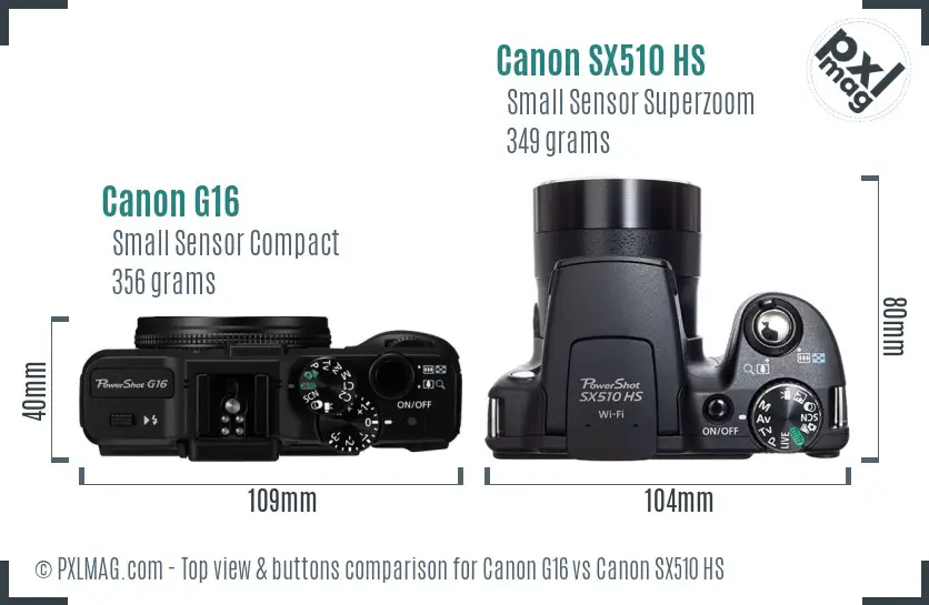 Canon G16 vs Canon SX510 HS top view buttons comparison