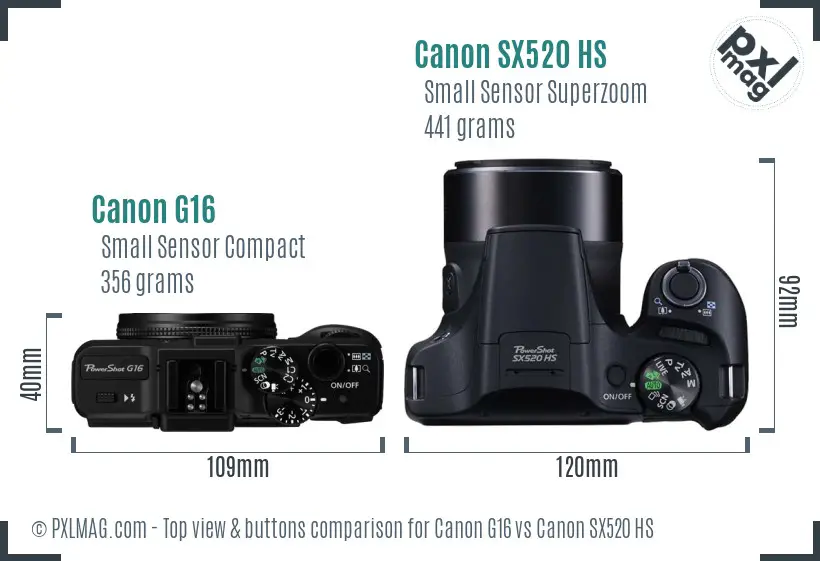 Canon G16 vs Canon SX520 HS top view buttons comparison Canon G16 vs Canon SX520 HS top view buttons comparison