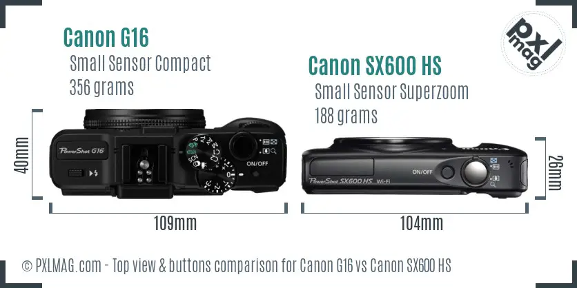 Canon G16 vs Canon SX600 HS top view buttons comparison