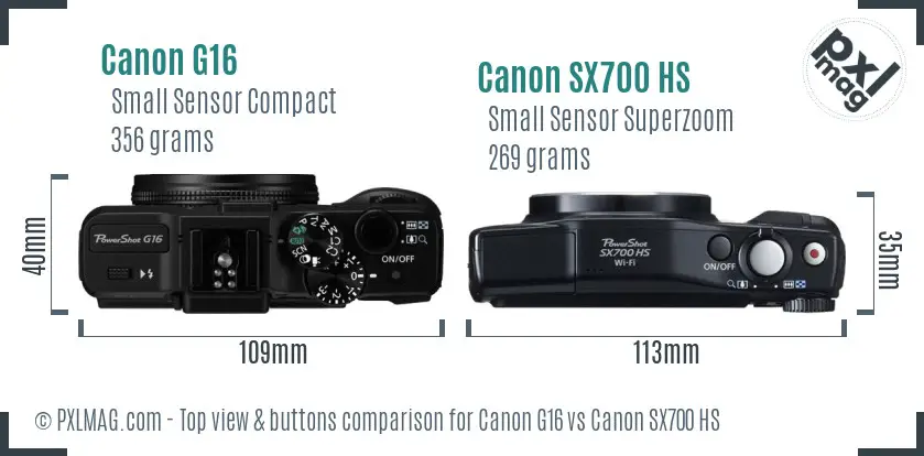 Canon G16 vs Canon SX700 HS top view buttons comparison