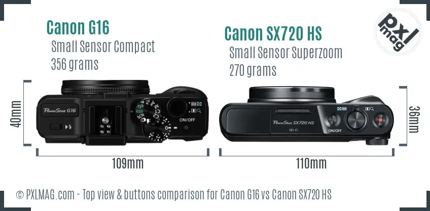 Canon G16 vs Canon SX720 HS top view buttons comparison