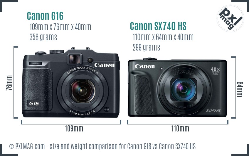 Canon G16 vs Canon SX740 HS size comparison