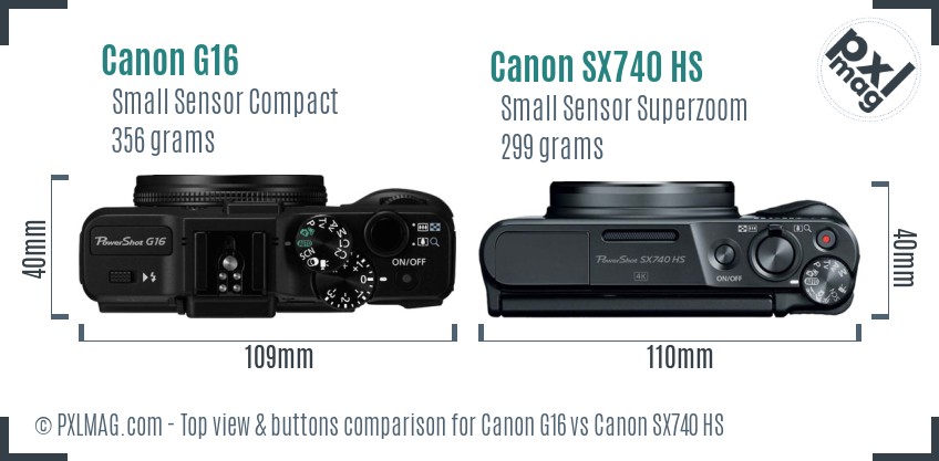 Canon G16 vs Canon SX740 HS top view buttons comparison