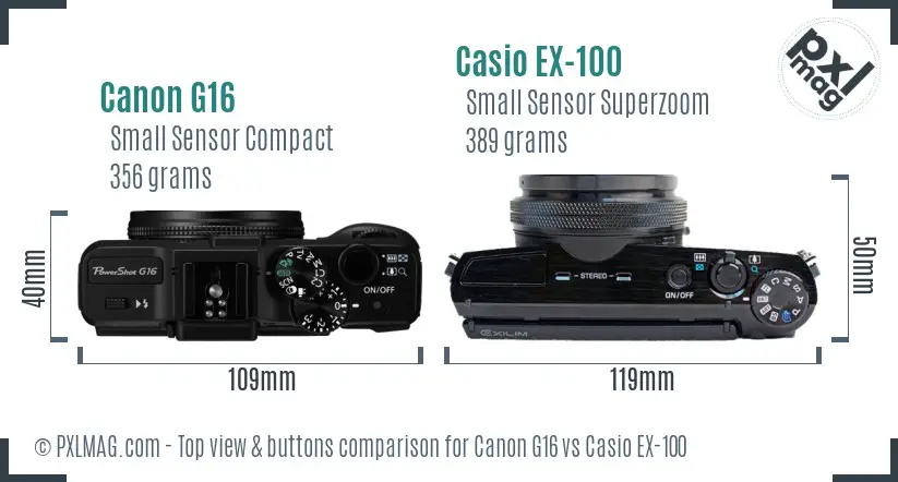 Canon G16 vs Casio EX-100 top view buttons comparison