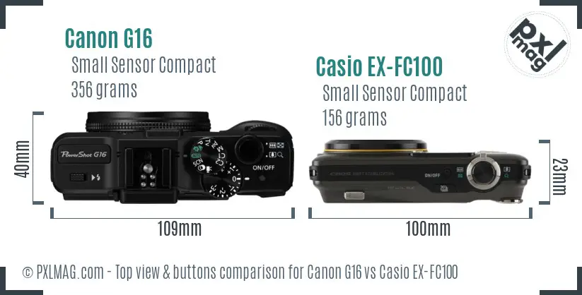 Canon G16 vs Casio EX-FC100 top view buttons comparison