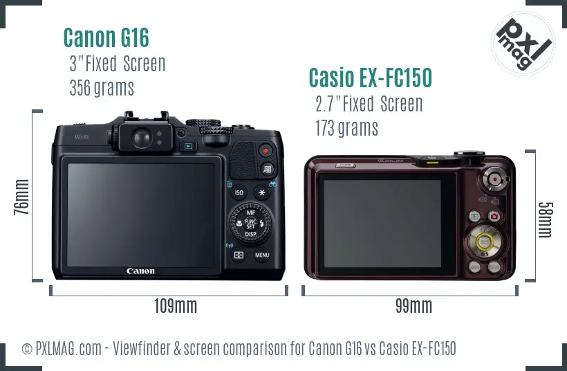 Canon G16 vs Casio EX-FC150 Screen and Viewfinder comparison