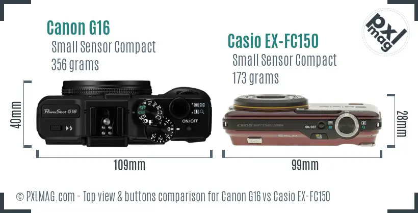 Canon G16 vs Casio EX-FC150 top view buttons comparison