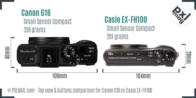 Canon G16 vs Casio EX-FH100 top view buttons comparison