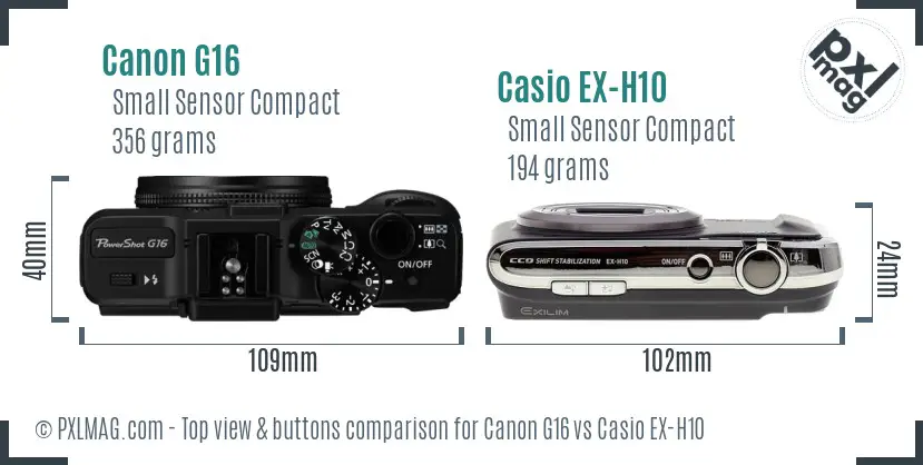 Canon G16 vs Casio EX-H10 top view buttons comparison