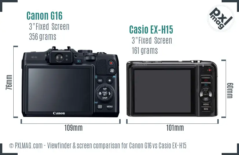 Canon G16 vs Casio EX-H15 Screen and Viewfinder comparison
