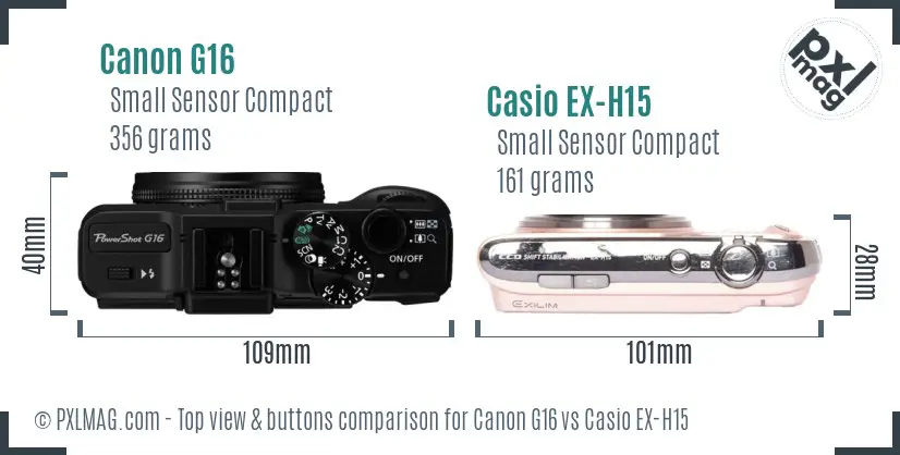 Canon G16 vs Casio EX-H15 top view buttons comparison