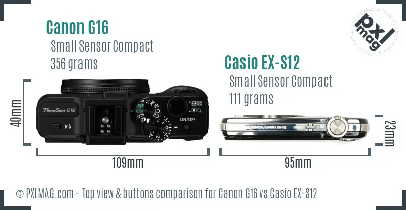 Canon G16 vs Casio EX-S12 top view buttons comparison