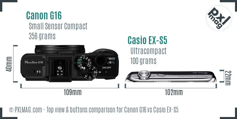 Canon G16 vs Casio EX-S5 top view buttons comparison