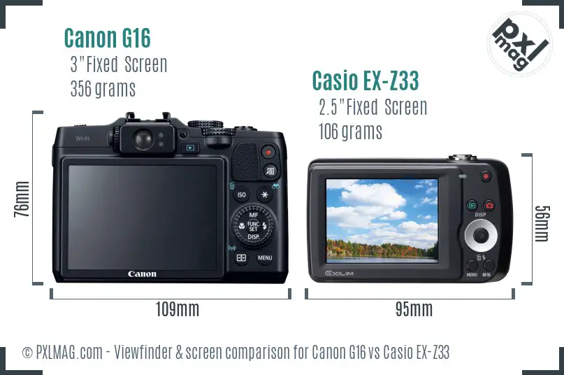Canon G16 vs Casio EX-Z33 Screen and Viewfinder comparison