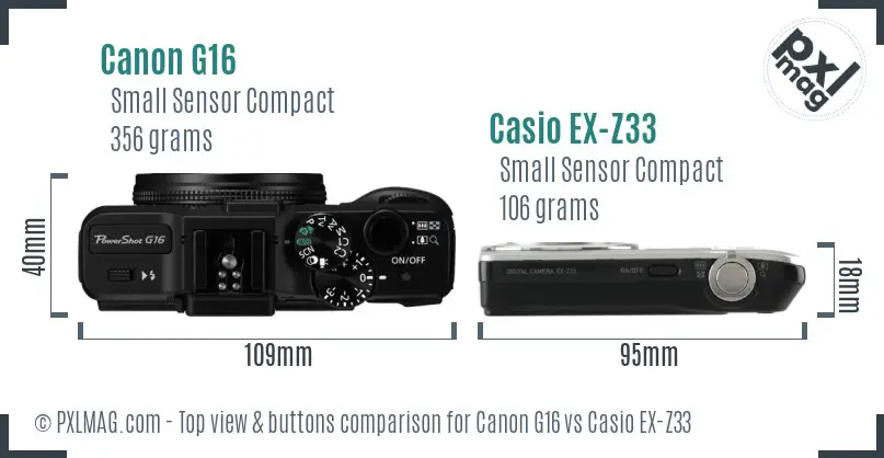 Canon G16 vs Casio EX-Z33 top view buttons comparison