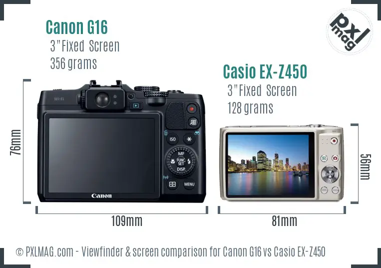 Canon G16 vs Casio EX-Z450 Screen and Viewfinder comparison