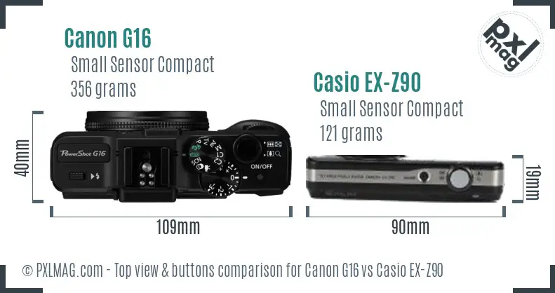 Canon G16 vs Casio EX-Z90 top view buttons comparison