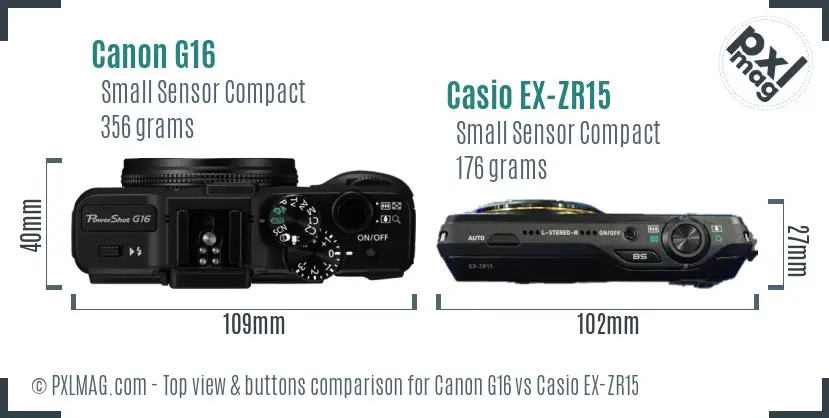 Canon G16 vs Casio EX-ZR15 top view buttons comparison