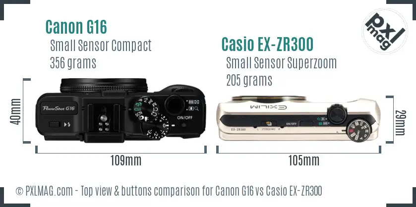 Canon G16 vs Casio EX-ZR300 top view buttons comparison