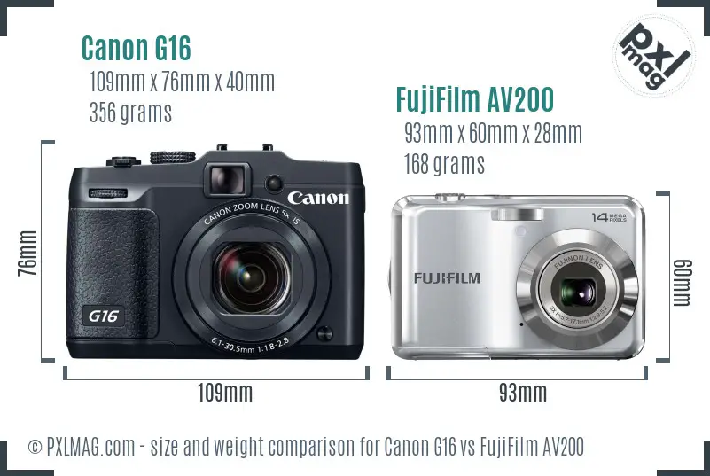Canon G16 vs FujiFilm AV200 size comparison
