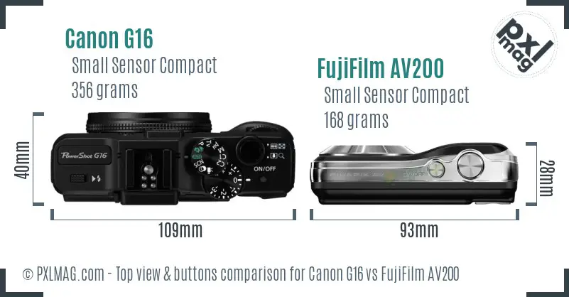Canon G16 vs FujiFilm AV200 top view buttons comparison