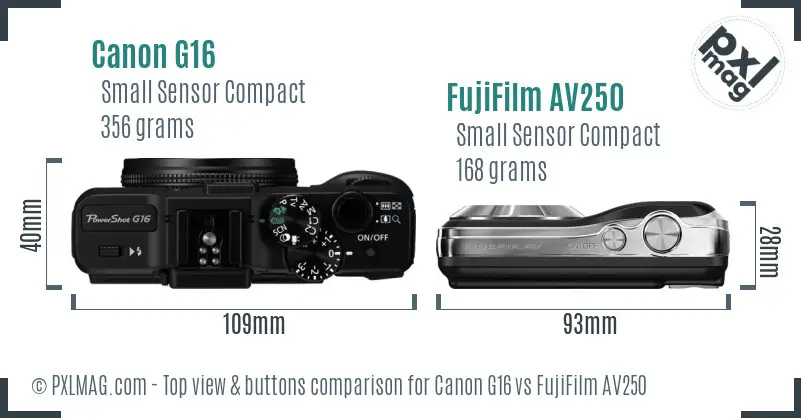 Canon G16 vs FujiFilm AV250 top view buttons comparison