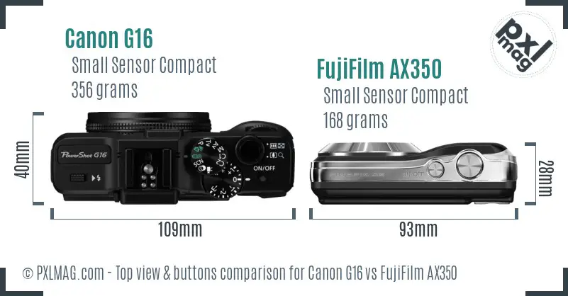 Canon G16 vs FujiFilm AX350 top view buttons comparison