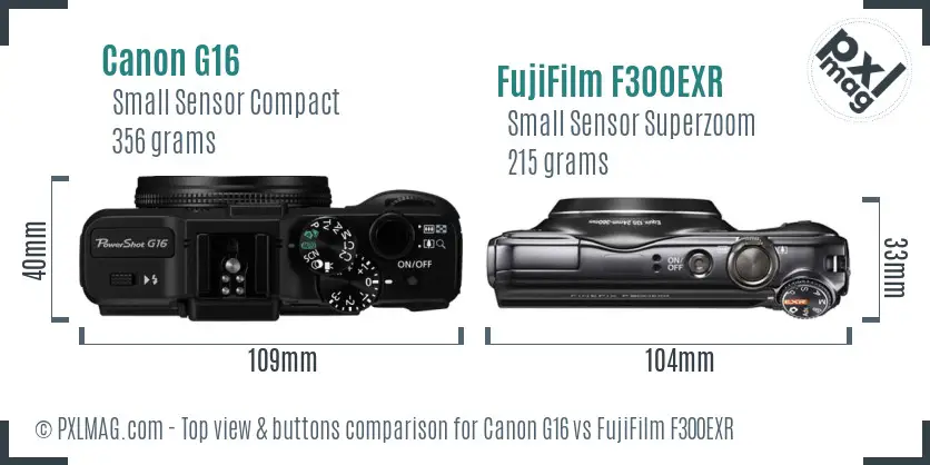 Canon G16 vs FujiFilm F300EXR top view buttons comparison
