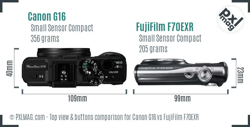 Canon G16 vs FujiFilm F70EXR top view buttons comparison