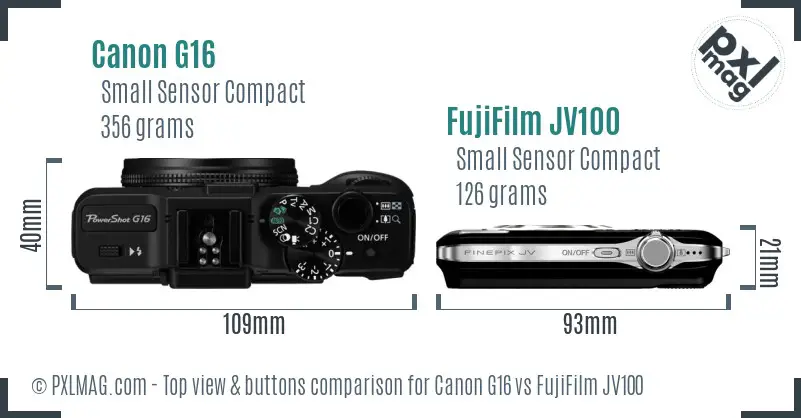 Canon G16 vs FujiFilm JV100 top view buttons comparison