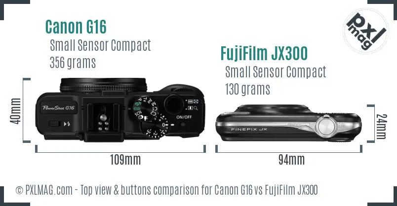 Canon G16 vs FujiFilm JX300 top view buttons comparison