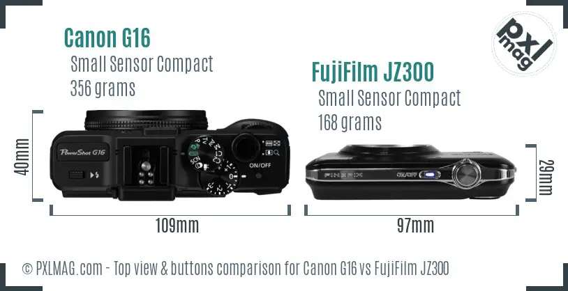 Canon G16 vs FujiFilm JZ300 top view buttons comparison