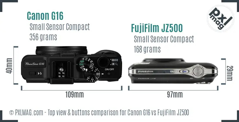 Canon G16 vs FujiFilm JZ500 top view buttons comparison