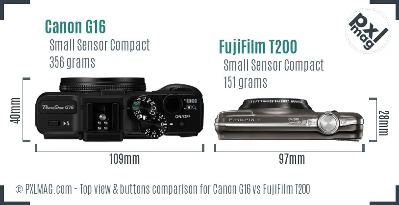 Canon G16 vs FujiFilm T200 top view buttons comparison